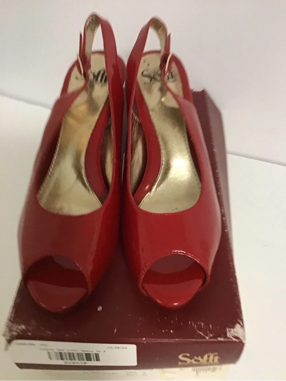 Sofft Red Patent Slingback Peep-Toe Heels with Stacked Heel